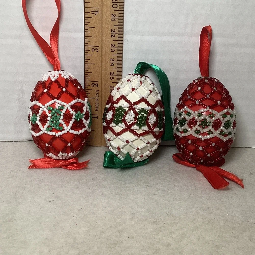 Set of 3 Hand Beaded Christmas Egg Ornaments Red White Green Lattice Design
